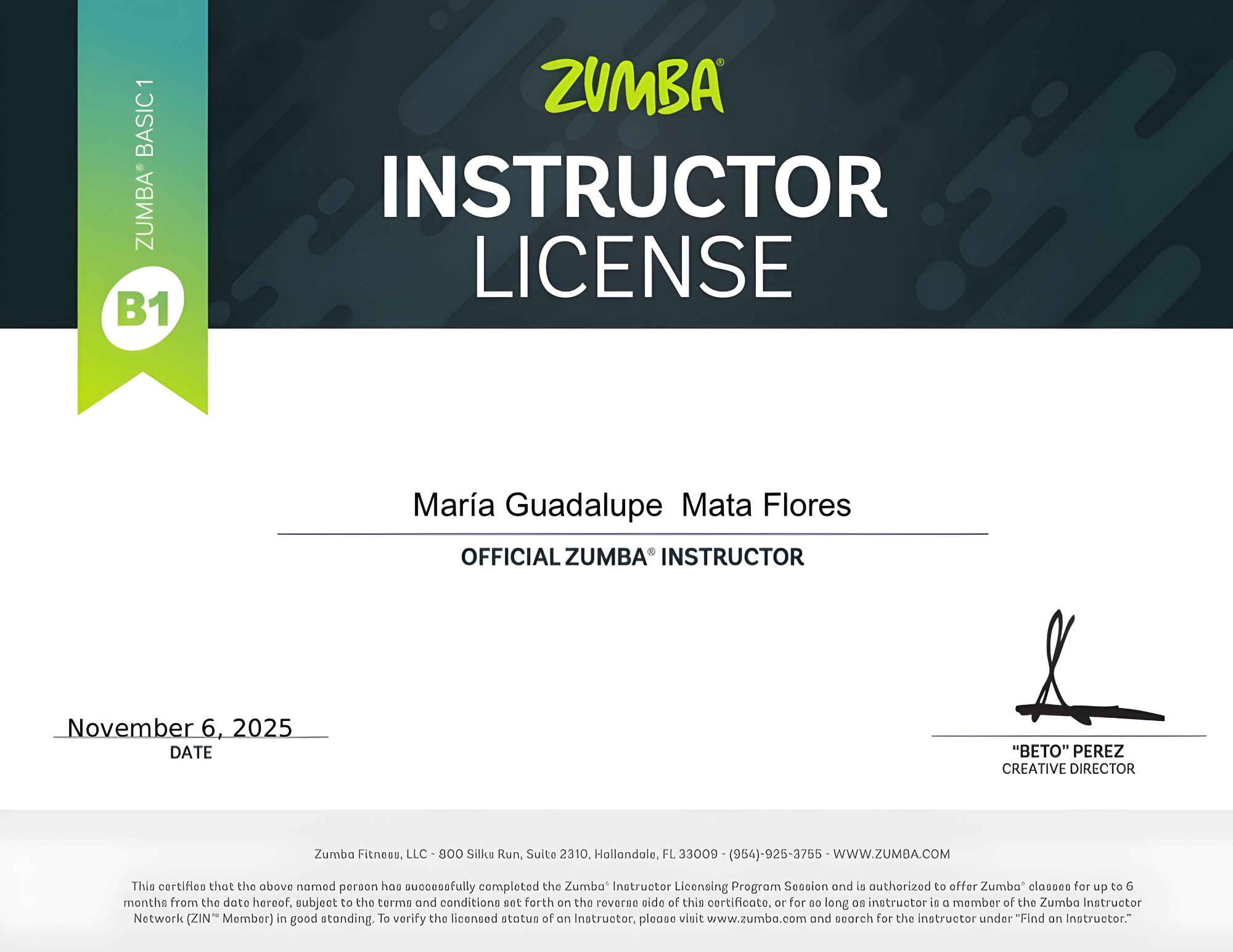 Certificado Zumba